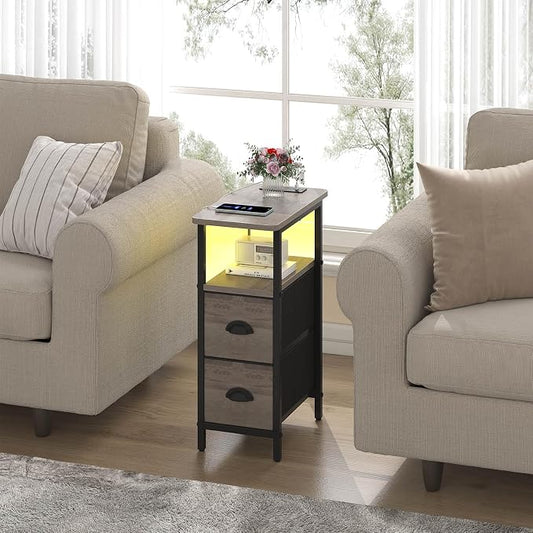 sthmec Narrow End Table with Charging Station, Narrow Side Table with 2 Fabric Drawers, LED End Table, Slim Nightstand with LED Light, Small Side Table for Small Spaces, Living Room, Bedroom, Grey