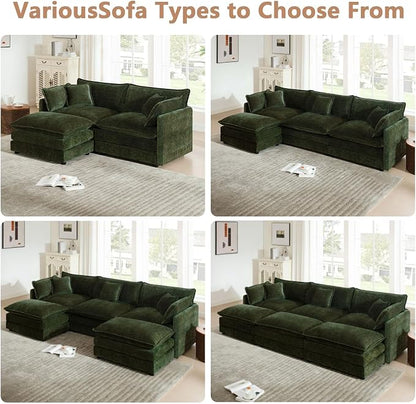 GNIXUU 76.7" Green L Shaped Cloud Couch, Modern Chenille Modular 2 Seater Loveseat Sofa with Movable Ottoman, Deep Seat Sectional Couch with Pillows for Small Place, Living Room Apartment Office