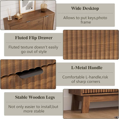 Shoe Cabinet Storage for Entryway with 3 Flip Drawers & Side Cabinet, Fluted Narrow Shoe Organizer with Wooden Leg, Freestanding Shoe Storage Hidden Shoe Rack Organizer for Front Door Entrance, Walnut