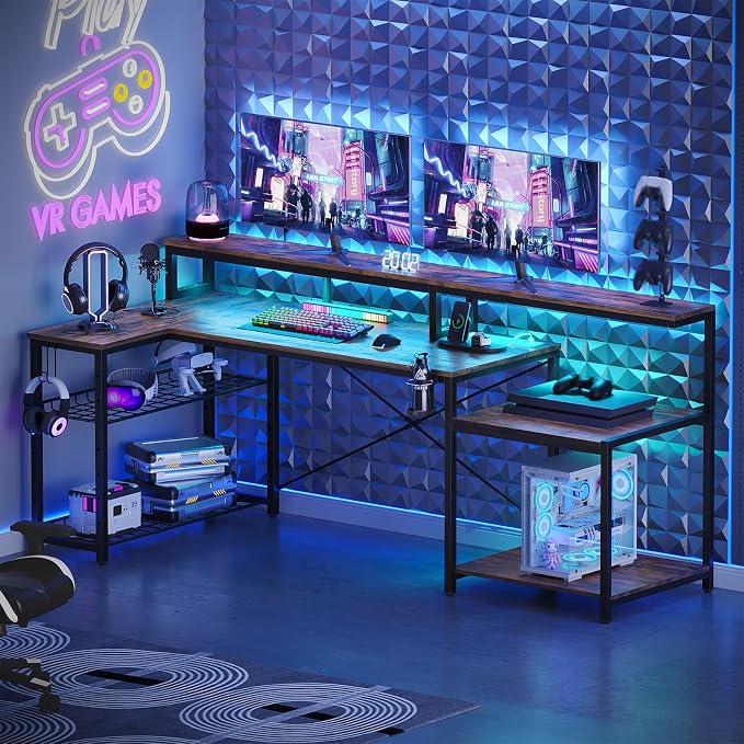 Bestier 71.5 inch Computer Desk with Power Outlets, L Shaped LED Home Office Desk with Long Monitor Stand, Large Corner Desk with Storage Shelf, Cup Holder & Headset Hooks, Modern Simple Table | Printer Shelf, Adjustable Metal Grid, Adjustable Monitor ...