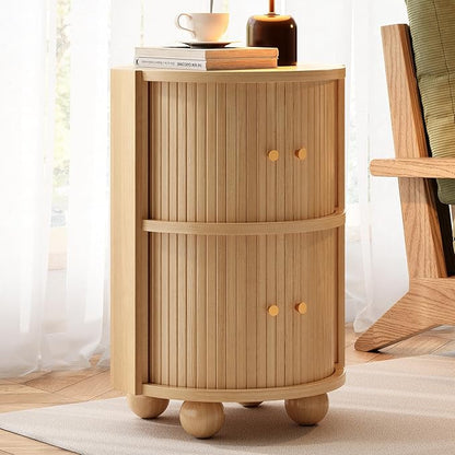 Round Nightstand with Sliding Doors and 2 Storage Shelves, Modern Bedside End Table, Suitable for the Bedroom (Oak)