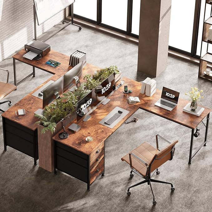 Furologee 63" L Shaped Desk with Power Outlets & USB-C Port, Reversible Corner Computer Desk with 3 Fabric Drawers, Hooks, Large Home Office Desk for Gaming, Writing, Work, Rustic Brown
