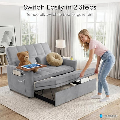 54'' Sleeper Sofa Bed, Convertible Pull Out Couch Futon for for Living Room,Apartment (Midgrey) Side Desk, USB Ports, Cup Hold, Velvet Fabric, Adjustable Backrest, Easy Assembly