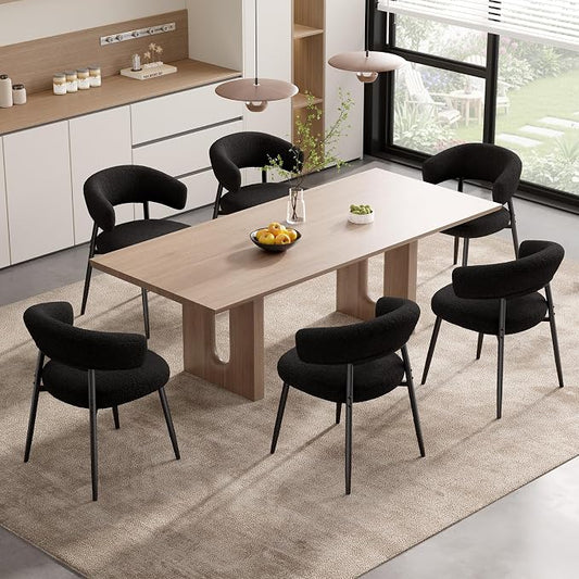 Dining Chairs Set of 6, Mid Century Modern Kitchen Chairs, Boucle Upholstered Dining Chair with Curved Backrest & Metal Legs for Kitchen Dining Room, Black