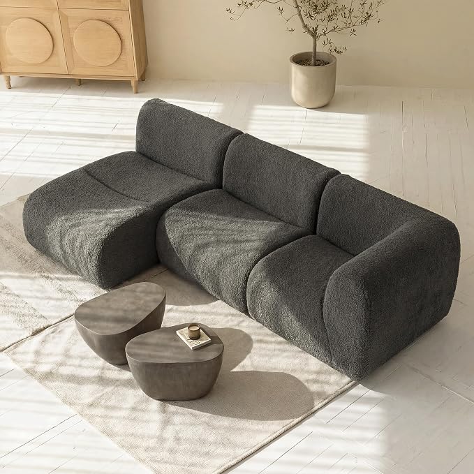 106" Curved Sectional Sofa with Chaise, Boneless 3 Seater Modular Couch, Reversible L-Shaped Couches with High-Density Foam, Modern Lounge Comfort Sherpa Sofas for Living Room – No Assembly, Grey