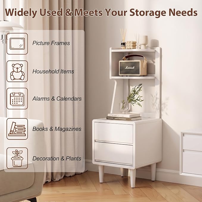 Solid Wood Bookshelf with Drawers,Narrow bookcase with Storage Shelves,Tall Nightstand with Drawers,Mid Century Modern Nightstand,Open Shelf Bookcase,Small Book Shelf for Bedroom,Living Room,Offices