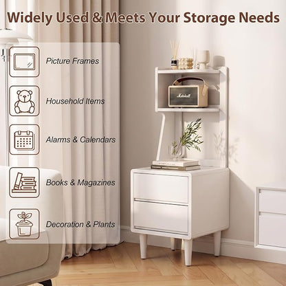 Solid Wood Bookshelf with Drawers,Narrow bookcase with Storage Shelves,Tall Nightstand with Drawers,Mid Century Modern Nightstand,Open Shelf Bookcase,Small Book Shelf for Bedroom,Living Room,Offices