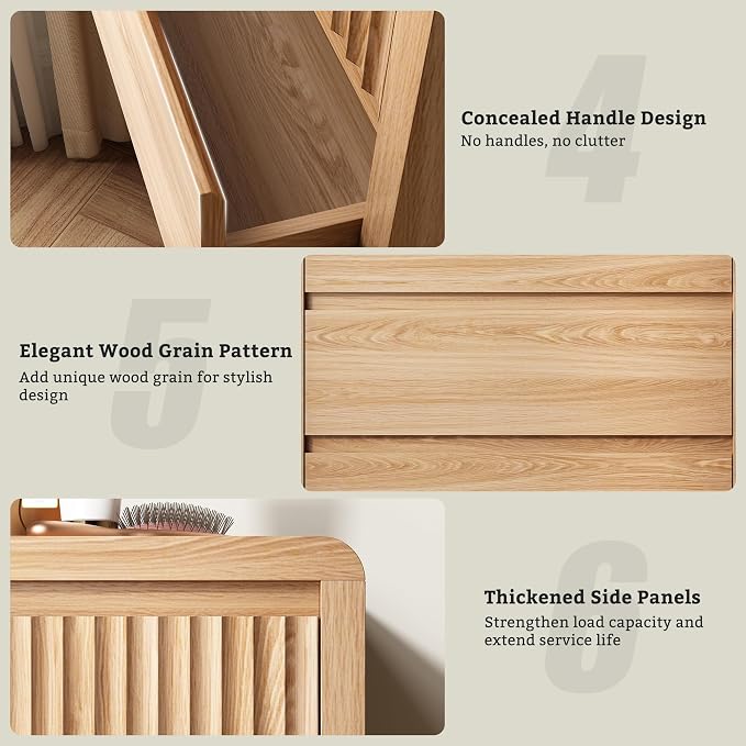 LYNSOM 5 Drawer Dresser for Bedroom, 48" Tall Fluted Dresser with Curved Corners, Wood Dressers & Chests of Drawers with Dual-Panel Design for Bedroom, Entryway, Oak