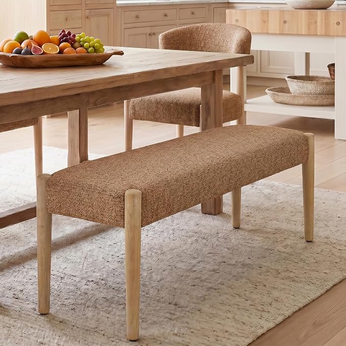 Usaint 42" End of Bed Bench, Modern Upholstered Bedroom Bench with Rubberwood Legs, Entryway Bench with Cushion, Dining Bench for Living Room, Bedroom, Orange with Oak Leg