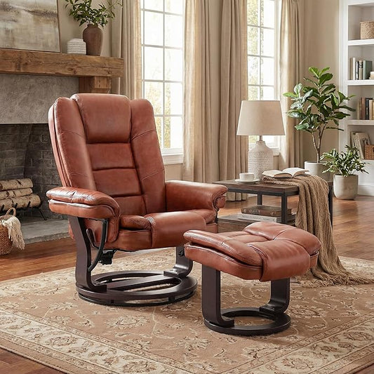 Swivel Recliner Chair with Ottoman Reclining Lounge Sofa Footrest, Set of 1 | 360°Sturdy Wood Base, Soft PU Leather, Upholstered Ultra-Plush Foam, Modern Armchair, Living Room Bedroom Office Reading Home