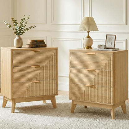 LYNCOHOME 3 Drawer Fluted Nightstand, Modern Wood Night Stand with Curved Profile, Fluted Tall Nightstand with Drawers, Light Oak