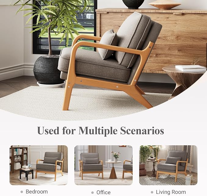 MALOL Mid-Century Accent Chair Set of 2 with Solid Wood Frame, Reading Relaxing Armchair Lumbar Pillow& Soft Cushion, Leisure Chair for Living Room, Bedroom, Waiting Room-Grey