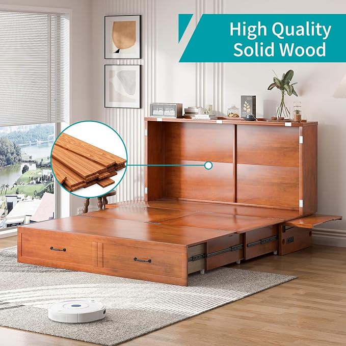 BALUS Queen Murphy Bed with Mattress Included, Cabinet Bed with Mattress & Built-in USB Ports & 2 Storage Drawers, Space-Saving Modern Murphy Beds Cabinet Guest Beds for Office -Cherry