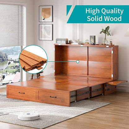BALUS Queen Murphy Bed with Mattress Included, Cabinet Bed with Mattress & Built-in USB Ports & 2 Storage Drawers, Space-Saving Modern Murphy Beds Cabinet Guest Beds for Office -Cherry