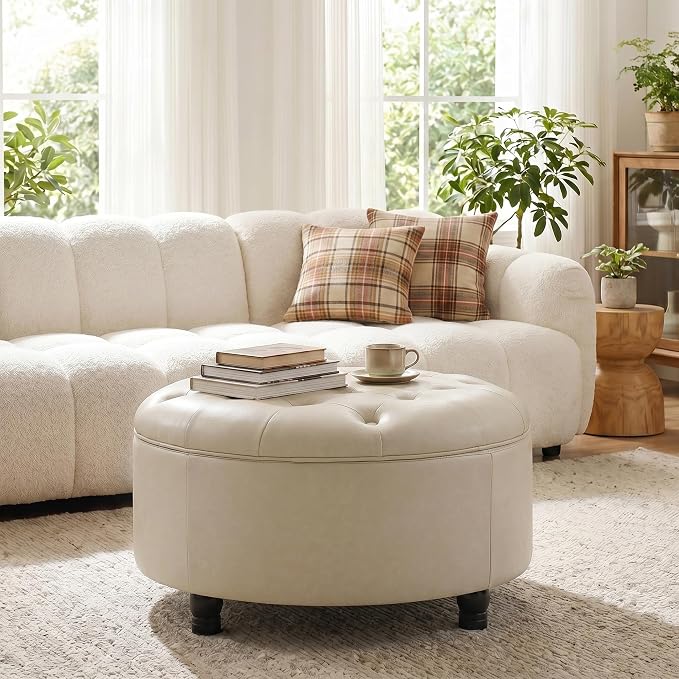 30-Inch Round Storage Ottoman, Button Tufted Ottoman Coffee Table with Removable Top for Living Room, Bedroom, Office (Beige)