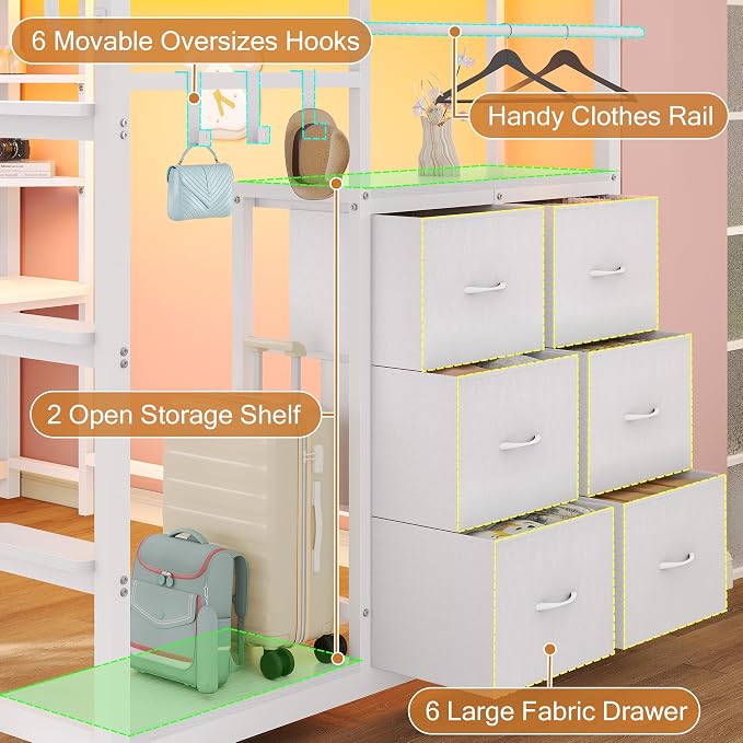 Dnxao Twin Size Loft Bed with Desk, Anti-Wobble Heavy Duty Metal Frame with DIY Pegboard & 6 Storage Drawers, LED Lights, Charging Station with Type-C, Space-Saving Workstation for Kids Teens, White