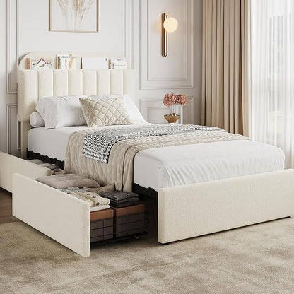 GarveeHome Twin XL Bed Frame with Storage Headboard, Kids Bed Frame with 2 Drawers, Boucle Upholstered Platform Bed with Bookcase, No Box Spring Needed, Easy Assembly, Ivory White