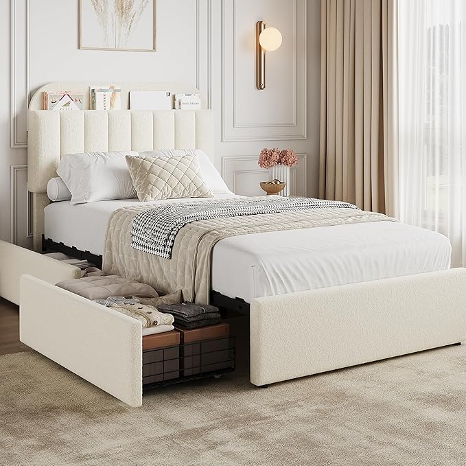 GarveeHome Twin Bed Frame with Storage Headboard, Kids Bed Frame with 2 Drawers, Boucle Upholstered Platform Bed with Bookcase, No Box Spring Needed, Easy Assembly, Ivory White