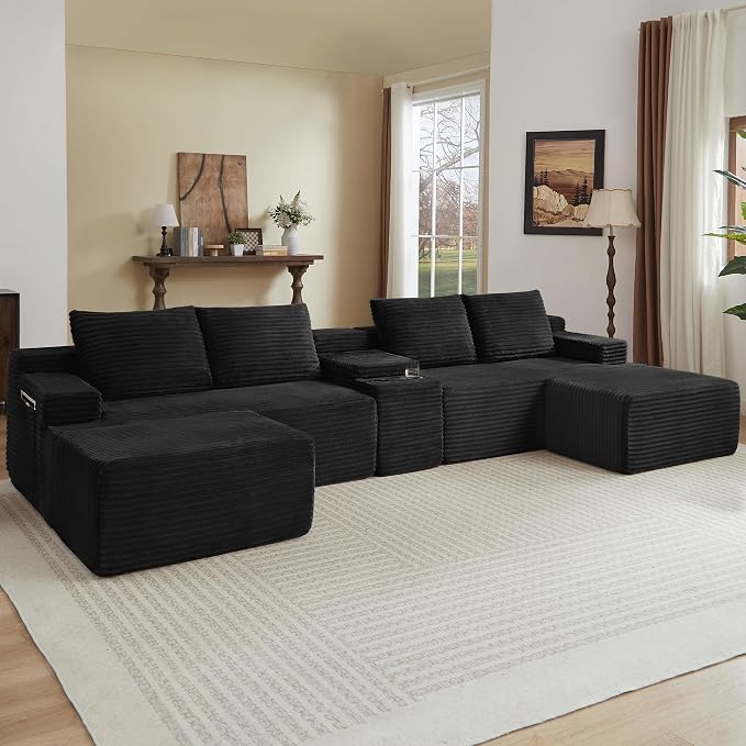 ivoros 140 Inch Modular Sectional Sofa Couch, Oversized Modern Cloud Couch for Living Room, U Shape Couches with 2 Ottomans and Cup Holders,Black Corduroy Boneless Sofas,Sofa in a Box