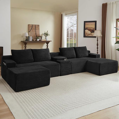 ivoros 140 Inch Modular Sectional Sofa Couch, Oversized Modern Cloud Couch for Living Room, U Shape Couches with 2 Ottomans and Cup Holders,Black Corduroy Boneless Sofas,Sofa in a Box