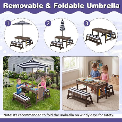 HONEY JOY Kids Picnic Table, 4 in 1 Fir Wood Toddler Sand & Water Table w/Removable Box & Umbrella, Waterproof Cover, Garden Tools, Children Outdoor Table and Bench Set with Cushions (Blue)