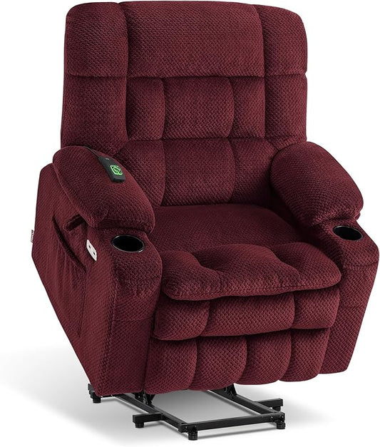 MCombo Small Dual Motor Power Lift Recliner Chair for Elderly, Zero Gravity Lift Chair with Heat and Massage, Lay Flat Recliner for Petite, USB Ports, Fabric R7894 (Small-Wide, Burgundy)