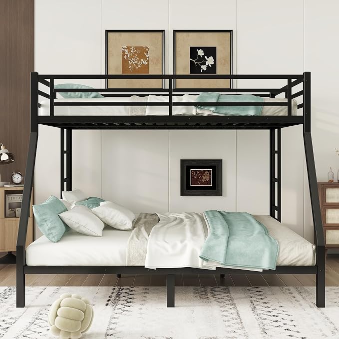 EMKK Queen Over King Bunk Bed for Adults, Metal Bunk Beds Queen Over King Size for Teens Dorm Bedroom Guest Room,Heavy Duty Bunk Beds with Ladder and Safety Full Length Guardrail (Black)