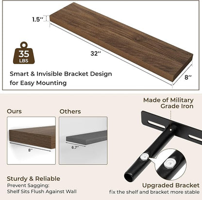 RICHFOCUS 31.5Inch Floating Shelves for Wall 2 Pack Shelves for Bedroom|Kitchen|Bathroom Wall Mounted Rustic Wood Floating Shelf with Invisible Brackets for Books|Storage|Decor, Walnut