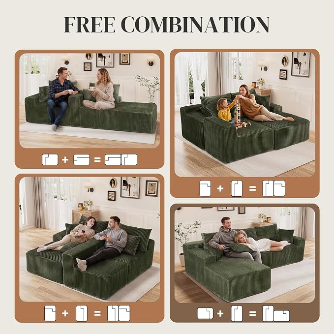 110" L Shaped Cloud Boneless Sectional Couches for Living Room, Modern Comfy Modular Deep Seat Memory Foam Compressed Corduroy Sofa Oversized Left Facing Chaise, No Assembly Required, Green