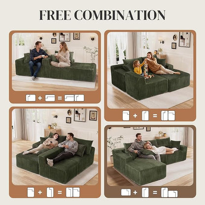 110" L Shaped Cloud Boneless Sectional Couches for Living Room, Modern Comfy Modular Deep Seat Memory Foam Compressed Corduroy Sofa Oversized Left Facing Chaise, No Assembly Required, Green