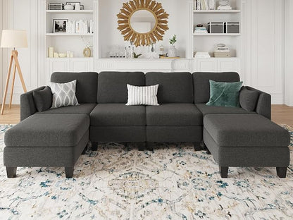 Modular Sectional Sofa, 6 Seaters Modular Sleeper Sofa Couch, Comfy Sectionals Couches Bed, Convertible Sofas with Ottomans, Sectional Couches for Living Room, Dark Grey
