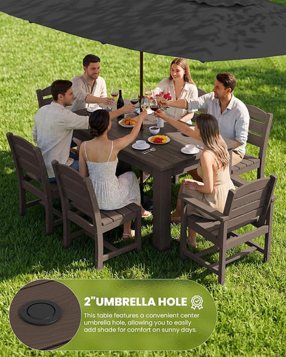 SERWALL HDPE Dining Set for 8: 2 Umbrella Hole Tables + 8 Chairs. for Garden, Backyard, Poolside. Coffee