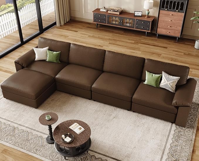 EASE MOOSE Oversized Modular Sectional Sofa,Leather Sectional Couch with Deep Seat,Extra Large L Shaped Couch,Classic Comfy Scratch Resistant Faux Leather Material Sofa for Living Room,Deep Brown