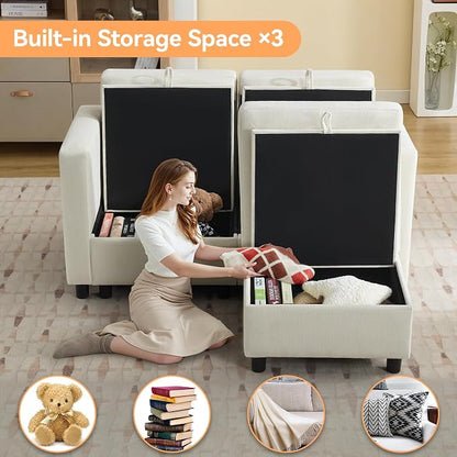 WUTUTUEE 58”Modular Sectional Loveseat Sofa with Storage, Comfy Office L Shaped Sofa Couch, Chenille Love Seat Modular Sectional Couch with Movable Ottoman for Living Room, Bedroom, Beige