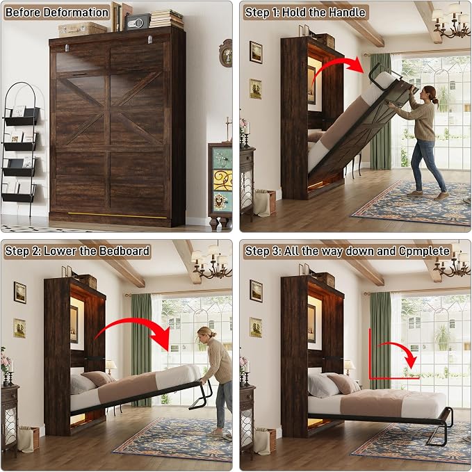 Hlivelood Full Size Murphy Bed w/2 Storage Cabinet&2 LED Light, Farmhouse Wood Hidden Foldable Wall Bed Frame, Storage Bed Cabinet for Bedroom, Office, Space-Saving, No Box Spring Needed, Brown
