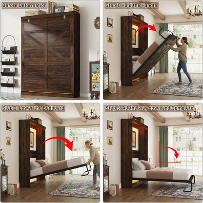 Hlivelood Full Size Murphy Bed w/2 Storage Cabinet&2 LED Light, Farmhouse Wood Hidden Foldable Wall Bed Frame, Storage Bed Cabinet for Bedroom, Office, Space-Saving, No Box Spring Needed, Brown