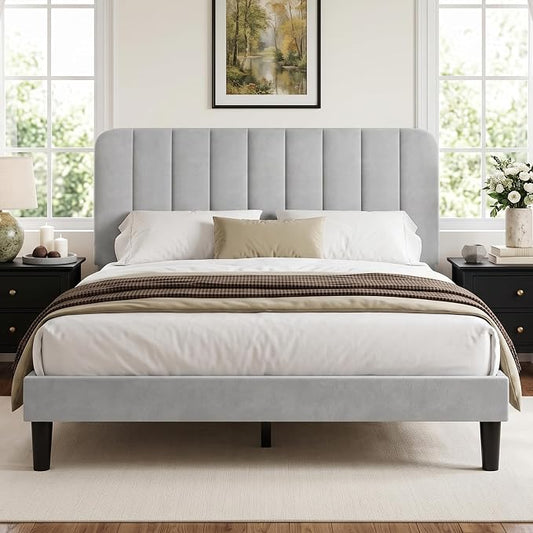 VECELO Queen Size Bed Frame with Upholstered Headboard, Velvet Platform Bedframe Mattress Foundation, Strong Wood Slat Support, No Box Spring Needed,Light Grey