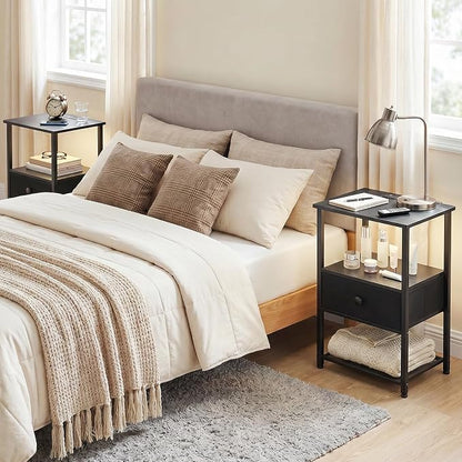 LOAKEKEL Nightstands Set of 2 with Charging Station, Night Stand with LED Lights, End Tables Living Room with Storage Shelf, Bed Side Tables with Storage Drawer for Bedroom, Black, HETS01BK