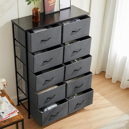 DUMOS 10 Drawer Dresser for Bedroom, Storage Organizer Chest of Drawers | Wide Fabric Closet Organizer Tower Furniture with Wooden Top Metal Frame, Dorm, Grey