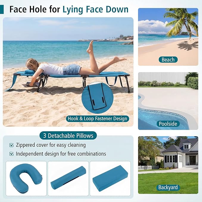 GYMAX Beach Lounge Chair, Sunbathing Chair Patio Lounge Chair Folding Adjustable Recliner with Hole for Face (2)