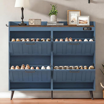 ChooChoo Shoe Storage Cabinet with 4 Flip Drawers, Deodorizing Shoe Organizer Storage for Entryway, Freestanding Hidden Slim Narrow Shoe Rack Cabinet, Blue