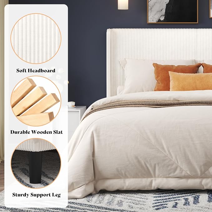 AMERLIFE Queen Bed Frame, Easy Assembly Modern White Bed Frame with Wooden Slats Support, Upholstered Platform Bed with Corduroy Headboard, No Box Spring Needed