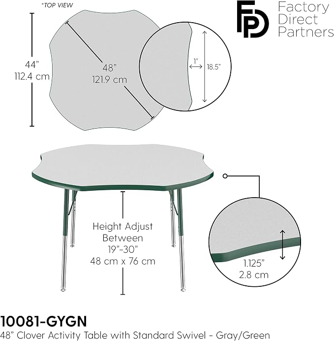 FDP Clover Activity School and Office Table (48 x 48 inch), Standard Legs with Swivel Glides for Collaborative Seating Environments, Adjustable Height 19-30 inches - Gray Top and Green Edge