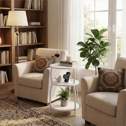 Round Side Table with Power Outlet & USB Ports, 3-Tier End Table with Storage Shelf, 15.7" Wide Nightstand for Small Spaces, Tall Bedside Table Capable of Charging Laptops & Phones, Rustic Brown