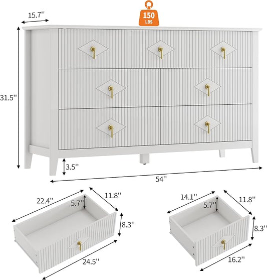 GarveeHome Fluted Dresser for Bedroom, 54 Inch Wide 7-Drawer Wood Dresser, Modern Chest of Drawers, Storage Organizer Cabinet for Living Room, Hallway, Entryway, White
