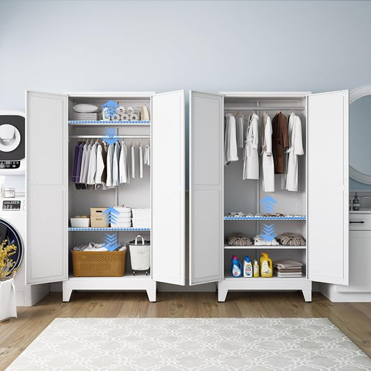 71" H Wardrobe Closet with Doors, Metal Wardrobe Cabinet with 2 Doors and 2 Adjustable Shelves, Armoire Wardrobes Closet with Hanging Rod, Closets for Bedroom, Laundry Room, White