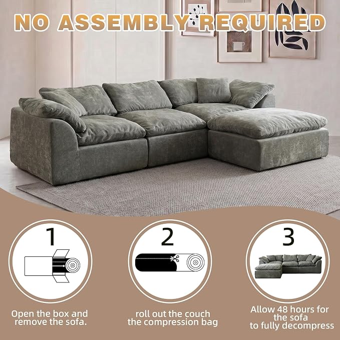 110" Boneless Cloud Couch Sectional for Living Room, Oversized Modular L Shaped Sofa with Ottoman, Deep Seat Chenille Sectional Couch for Cloud-Like Comfort (Ash Grey)