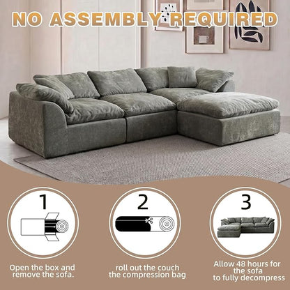 110" Boneless Cloud Couch Sectional for Living Room, Oversized Modular L Shaped Sofa with Ottoman, Deep Seat Chenille Sectional Couch for Cloud-Like Comfort (Ash Grey)