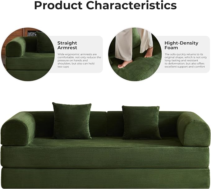 79" 5-in-1 Convertible Sofa Bed No Assembly, Boneless Couch Bed with High Density Foam, Foldable Sleeper Sofa, Corduroy Modular Couch for Apartment, Studio, Dorm Room, Small Space, Olive Green
