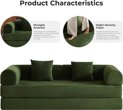 79" 5-in-1 Convertible Sofa Bed No Assembly, Boneless Couch Bed with High Density Foam, Foldable Sleeper Sofa, Corduroy Modular Couch for Apartment, Studio, Dorm Room, Small Space, Olive Green